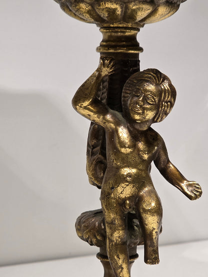 Paire de lampe sur pied "angelots" en bronze et pates de verre