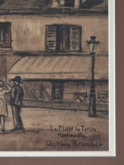 Aquarelle et encre Gustave Brachet "place du tertre" 1928