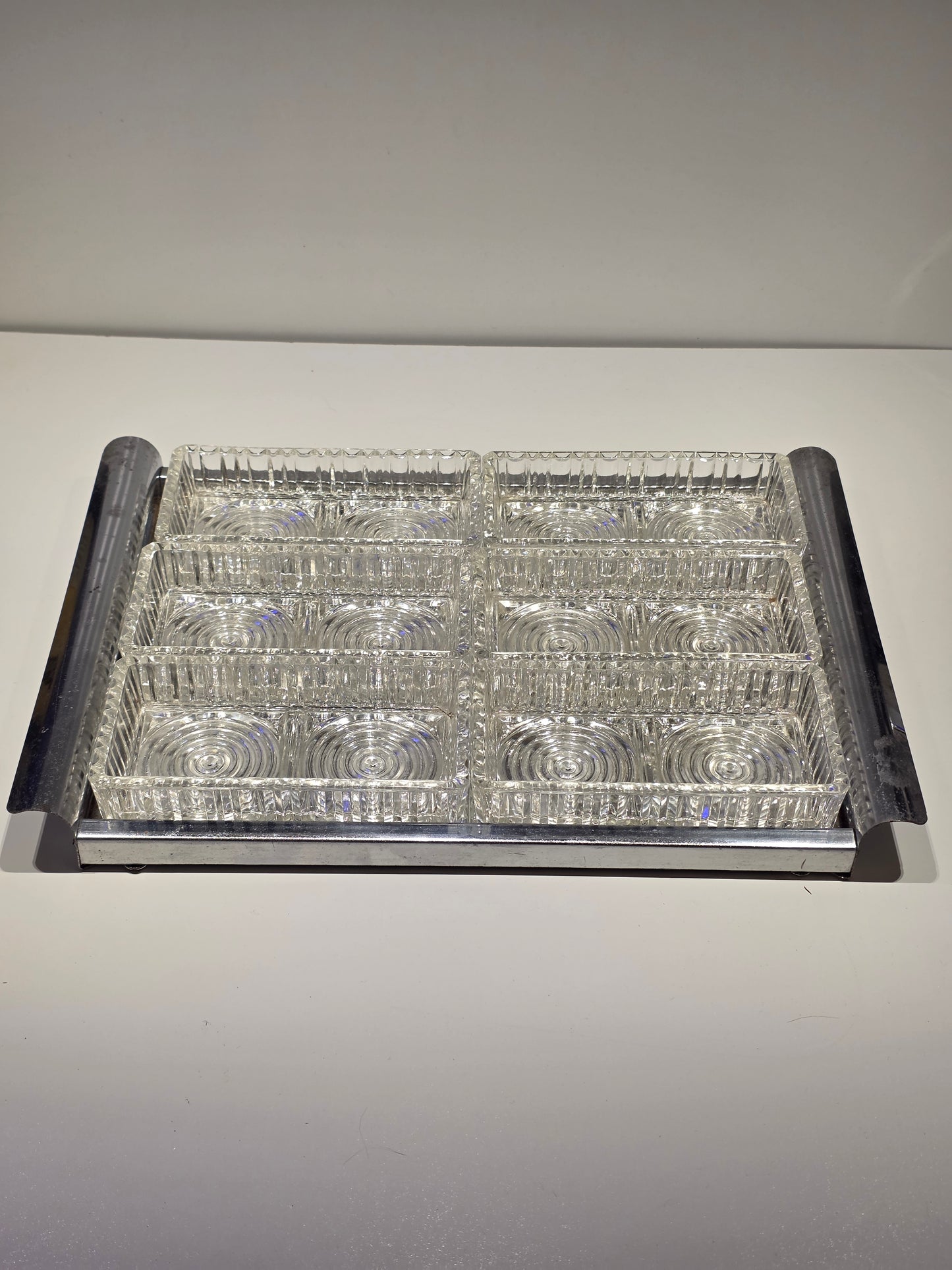 Plateau de service miroir art déco avec 6 ramequins cristal