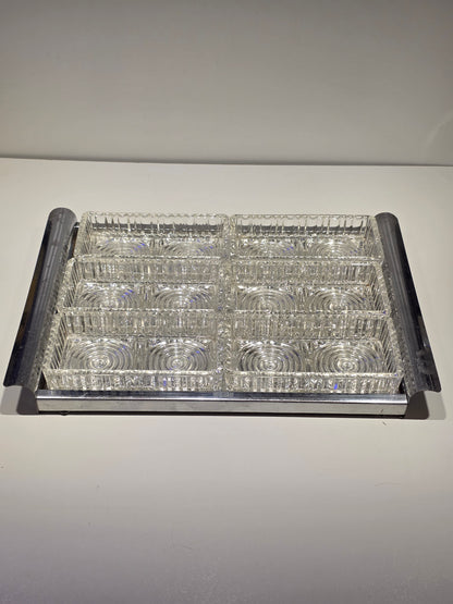 Plateau de service miroir art déco avec 6 ramequins cristal