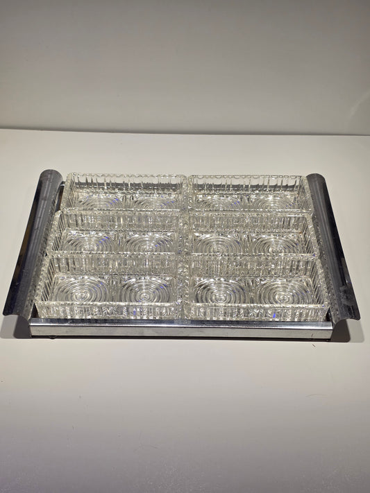 Plateau de service miroir art déco avec 6 ramequins cristal