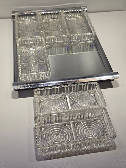 Plateau de service miroir art déco avec 6 ramequins cristal