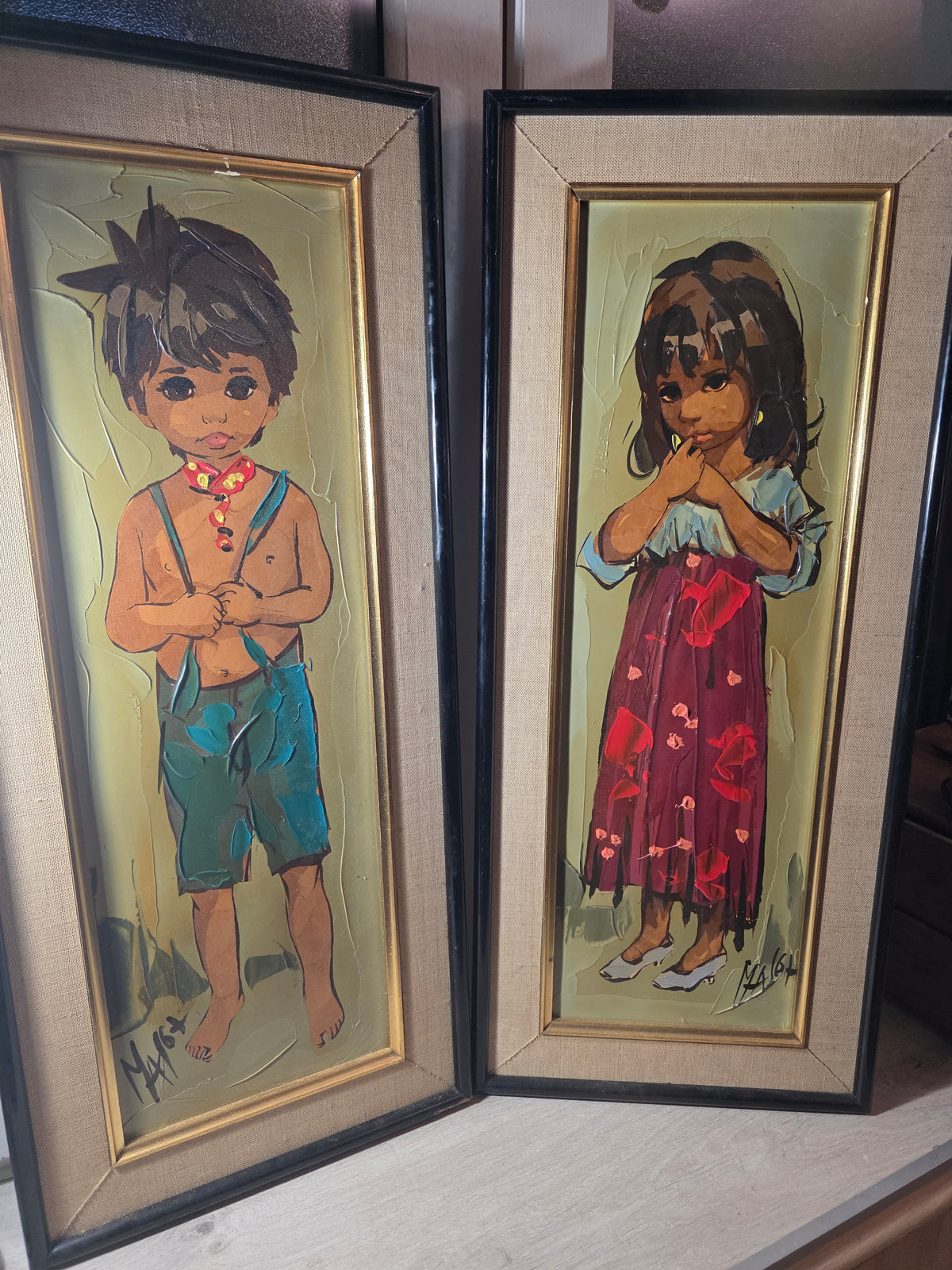 Paire d'enfants peinture au couteau Léon Gasser dit MAS années 60