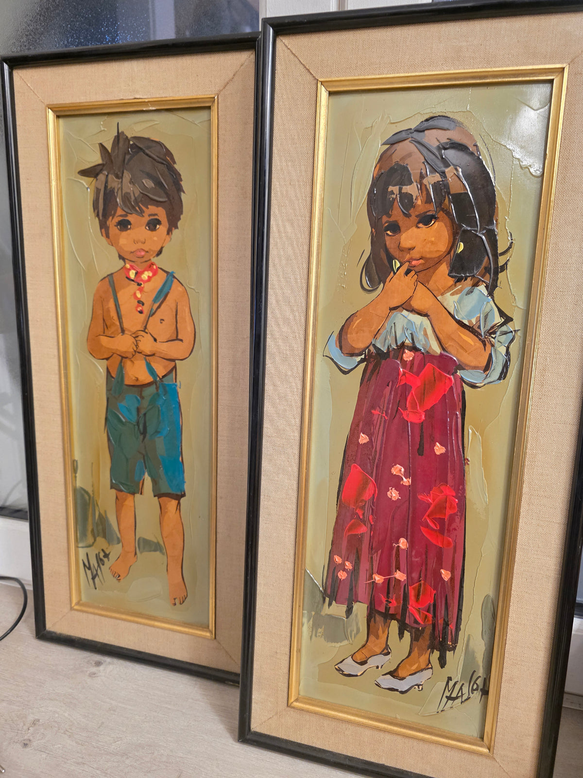 Paire d'enfants peinture au couteau Léon Gasser dit MAS années 60