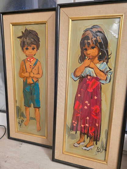 Paire d'enfants peinture au couteau Léon Gasser dit MAS années 60